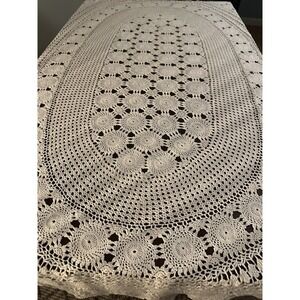 Vintage 60s Oval Crochet Tablecloth Handmade 87x60 Ivory Lace Formal CottageChic